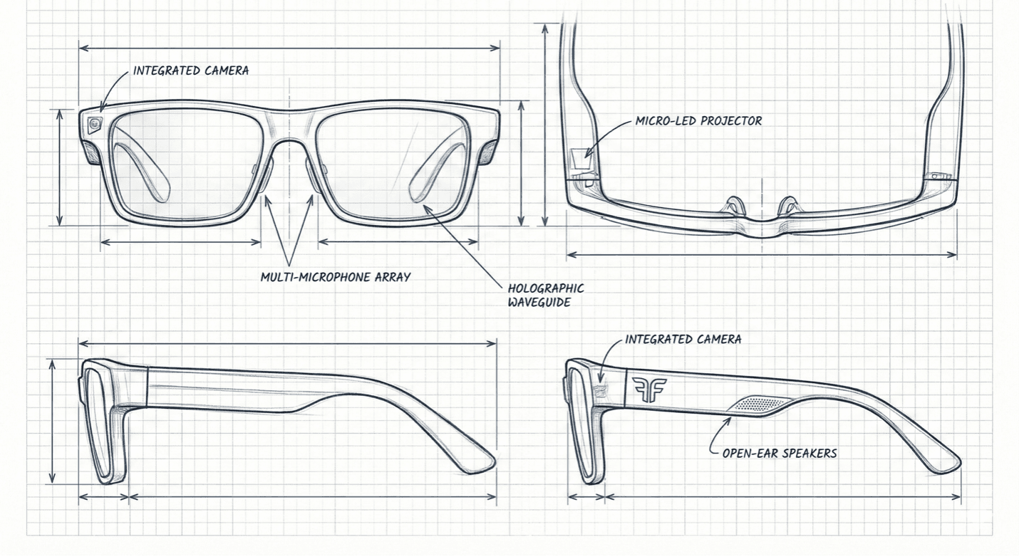 Focus Frames engineering sketch with component callouts